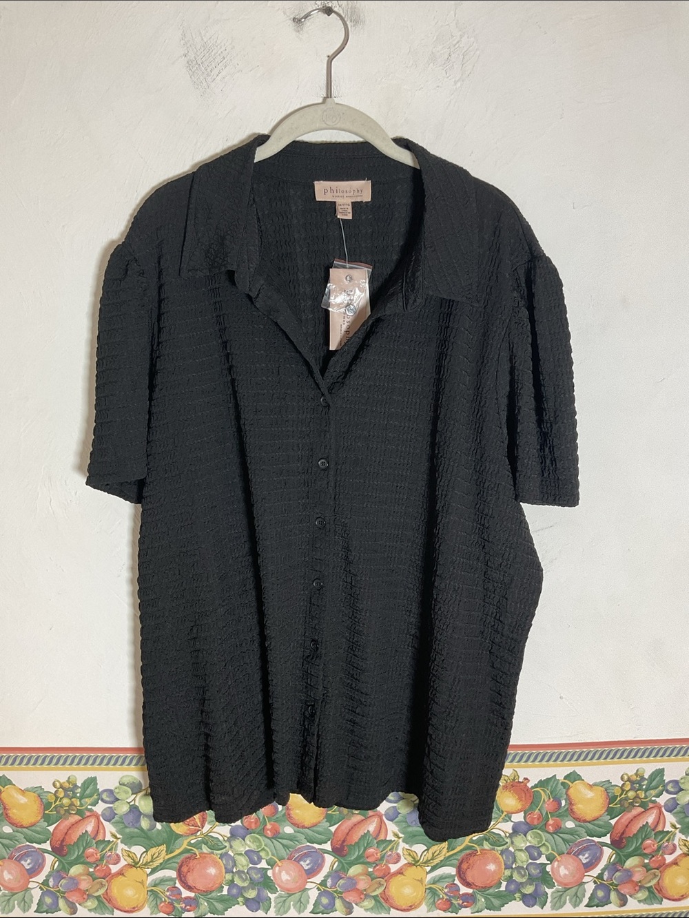 Philosophy Woman Black Textured Puckered Button Down Shirt Top Size 3X NWT
